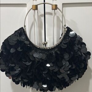 Black Clutch with Textured Sequins and Silver Ring Strap